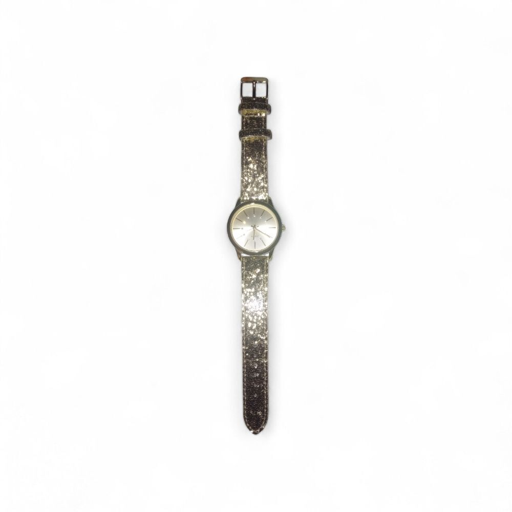 Gold Glitter Quartz Watch W Rhinestone On Face EUC
